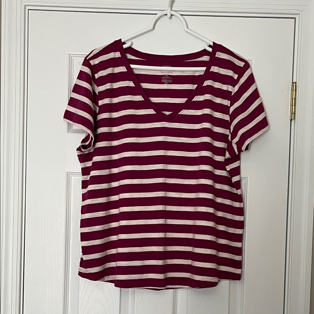 Sonoma V-Neck Short Sleeve Tee in Burgundy and White Stripes